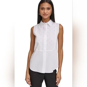 KARL LAGERFELD PARIS Embellished Bib Shirt White Pearls Size Small